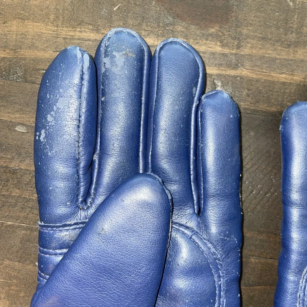 Vintage 60s 70s Winter Blue Red White Leatherette Gloves‎ Mens Size Small